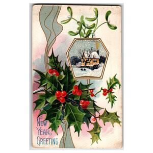 Vintage Embossed New Year Postcard with Holly & Snowy Cottage Scene